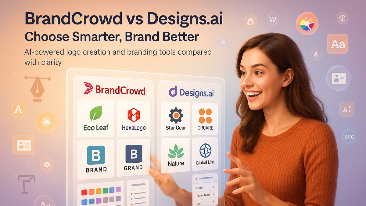 Ultra-realistic featured image showing a creative woman comparing BrandCrowd and Designs.ai on a holographic interface with logo templates, branding icons, and AI design tools