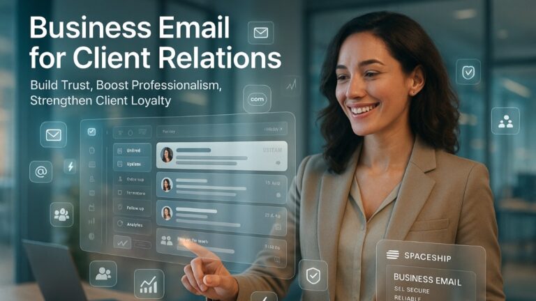 Professional woman using business email tools to build client trust and improve communication.