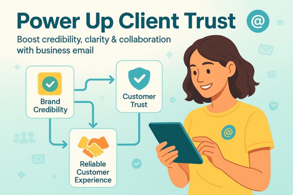 Infographic showing the benefits of business email for client relations, featuring workflow icons, a user interacting with email, and elements highlighting trust, credibility, and collaboration.