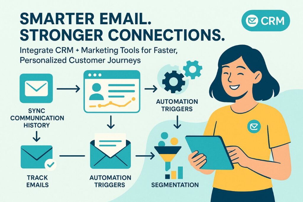 Infographic showing business email integration with CRM and marketing tools for improved customer communication.