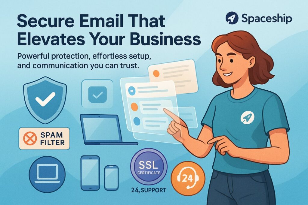 Infographic showing the benefits of using Spaceship for business email with workflow icons, security badges, and an active user managing secure email communication.
