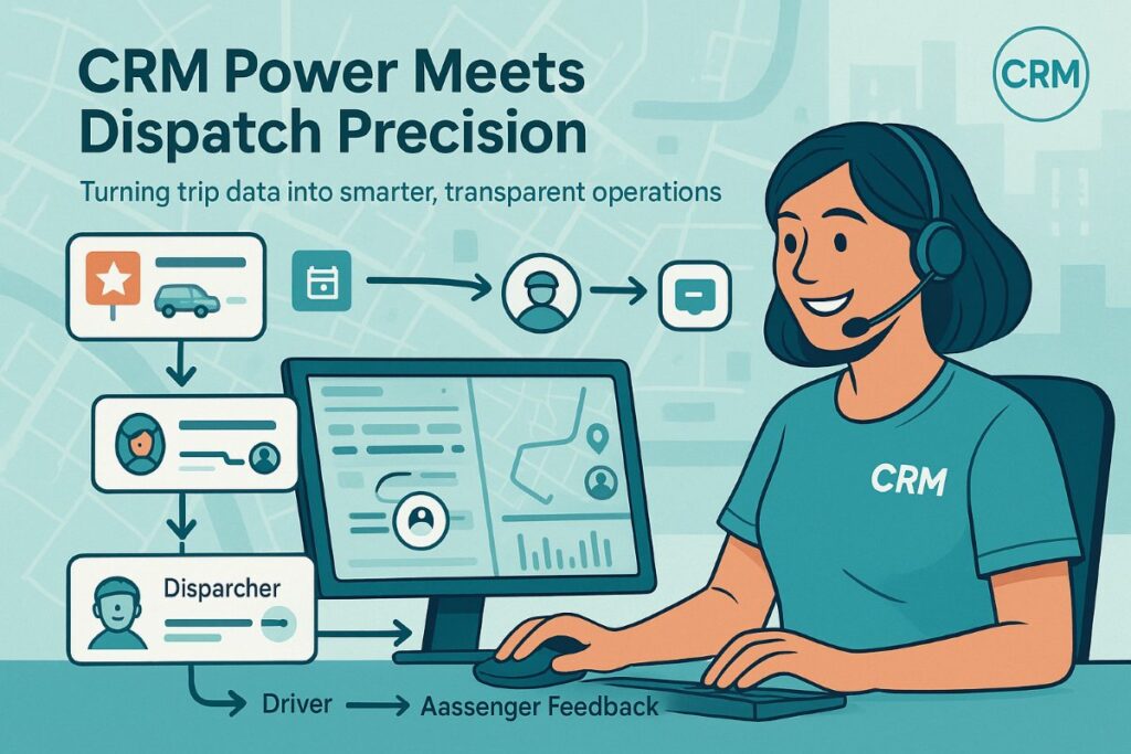 Infographic showing how CRM logic enhances medical transportation dispatch with trip scheduling, passenger profiles, and real-time tracking.