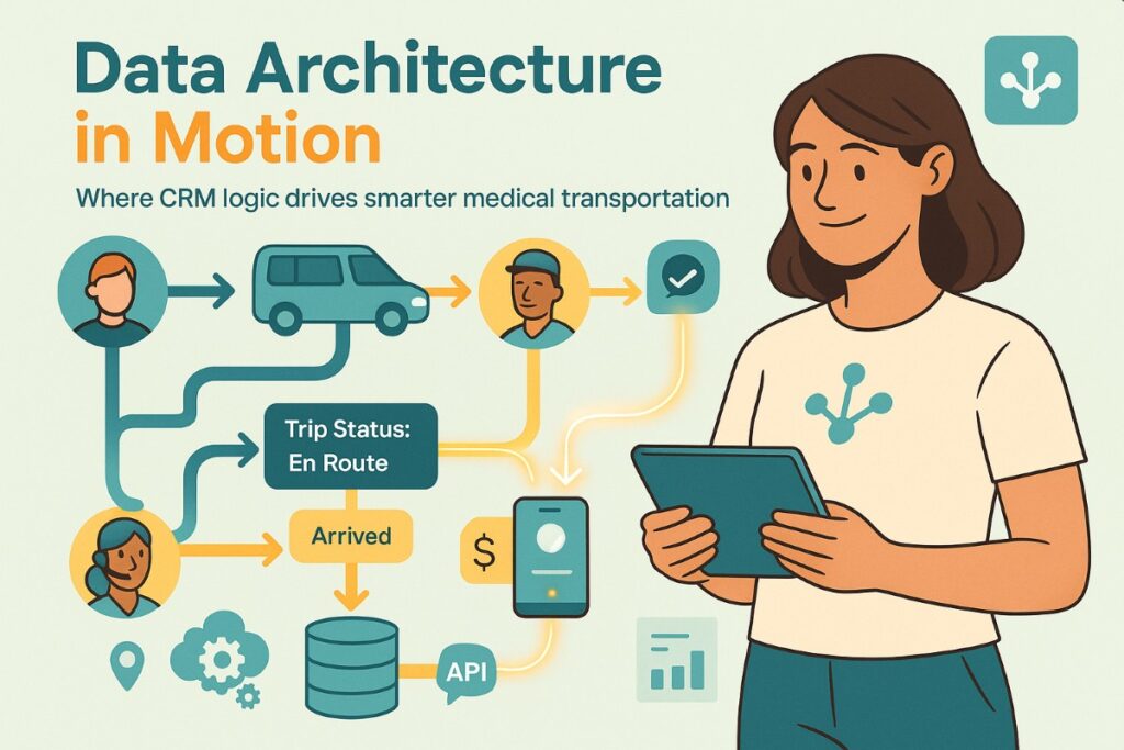 Infographic showing CRM-style data architecture in medical transportation with passenger, driver, and trip connections illustrated through a workflow diagram.
