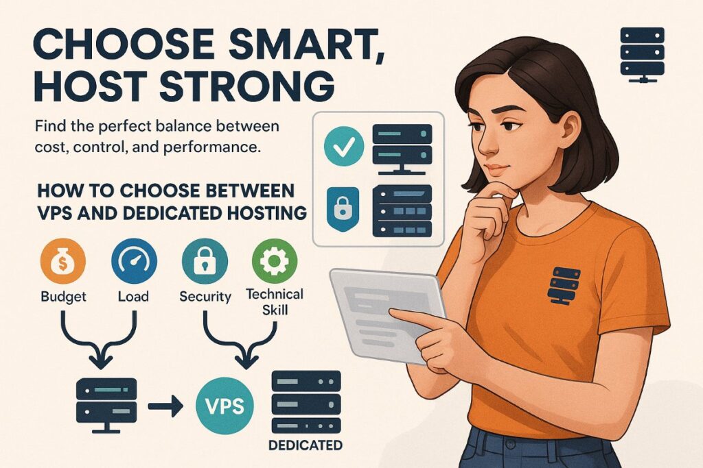 Infographic explaining how to choose between VPS and dedicated hosting, featuring workflow icons, server badges, and an active user reviewing hosting options.
