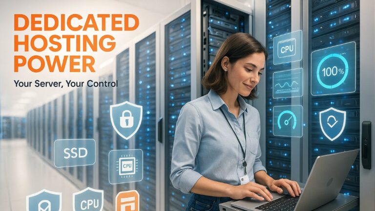Ultra realistic illustration of a tech-savvy user interacting with a dedicated server rack, showcasing performance, security, and full control in dedicated hosting.