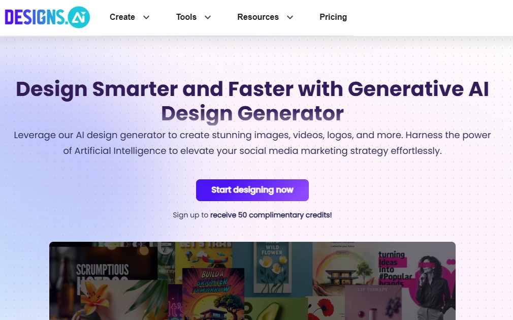 Designs.ai homepage showing the generative AI design generator with options to create images, videos, logos, and more