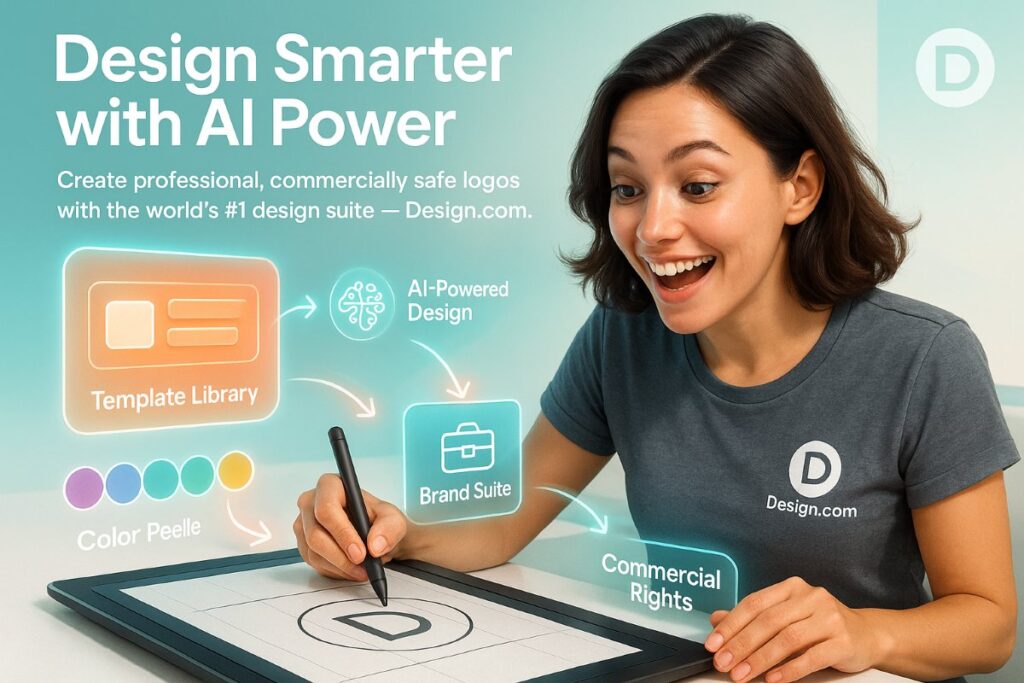 Infographic showing a female designer creating a logo using Design.com, the best AI logo generator with templates, branding tools, and commercial rights.