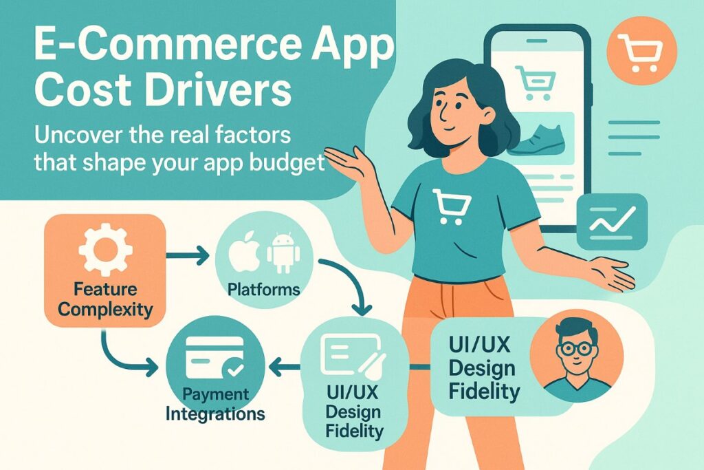 Infographic showing key cost factors in e-commerce app development with workflow icons and an active user character.