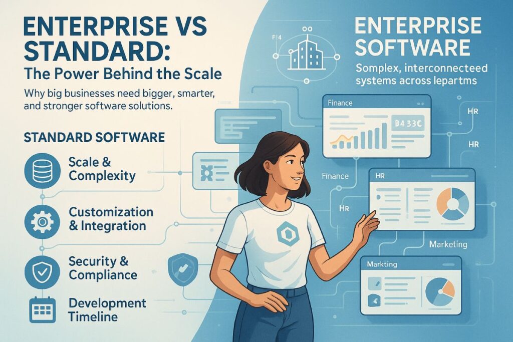Infographic comparing enterprise software development with standard software, showing scalability, customization, integration, and security differences.