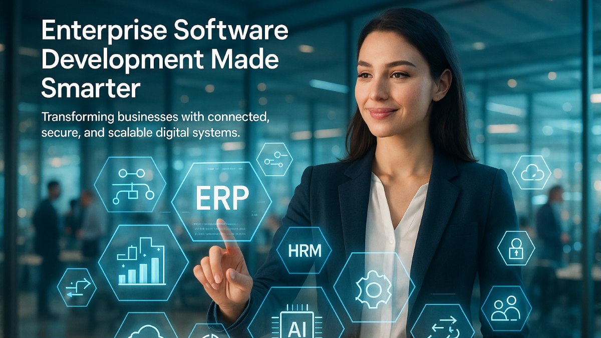 A professional woman interacting with a holographic enterprise software dashboard showing system integration, data analytics, and cloud icons representing enterprise software development.