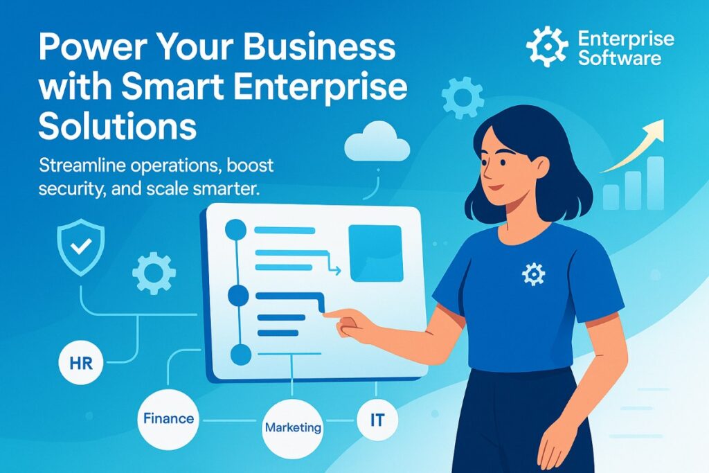 Infographic showing the benefits of enterprise software development with a professional analyzing workflow, automation, security, and scalability icons.