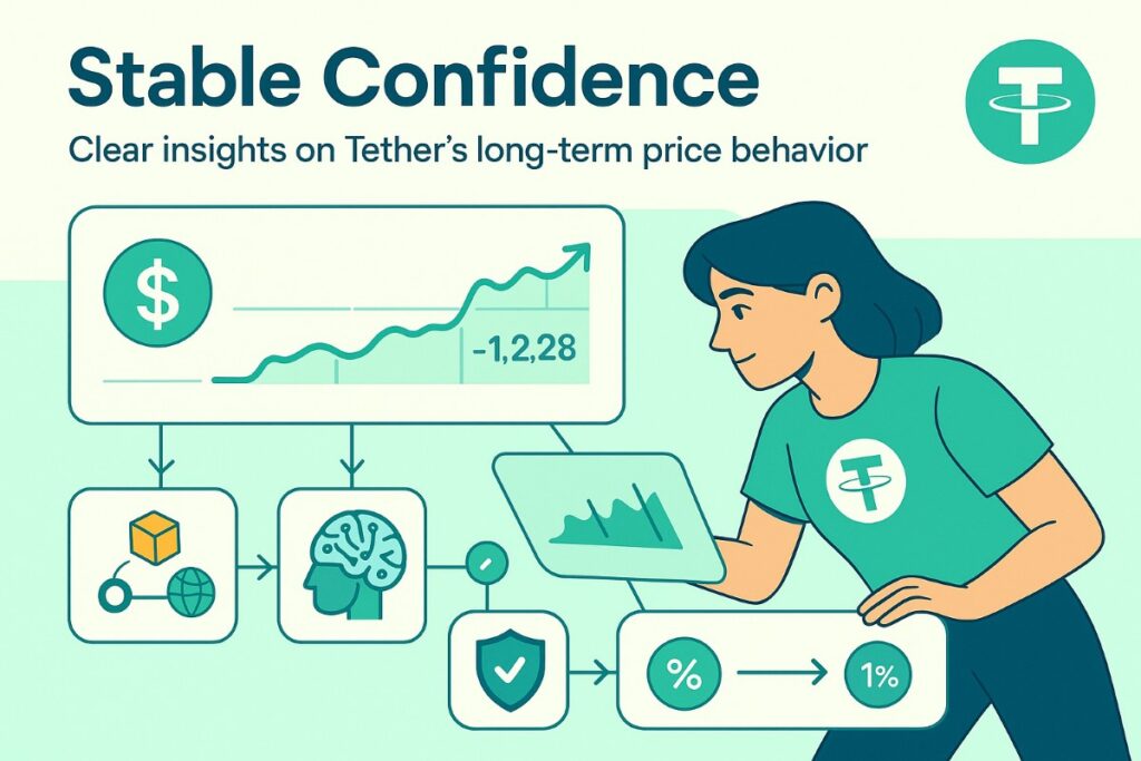 Ethereum infographic showing stablecoin insights with user analyzing USDT price stability and future projections