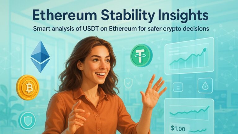 Ultra-realistic illustration of a user analyzing Ethereum-based USDT stability with DeFi icons, ETH badges, and holographic crypto charts.