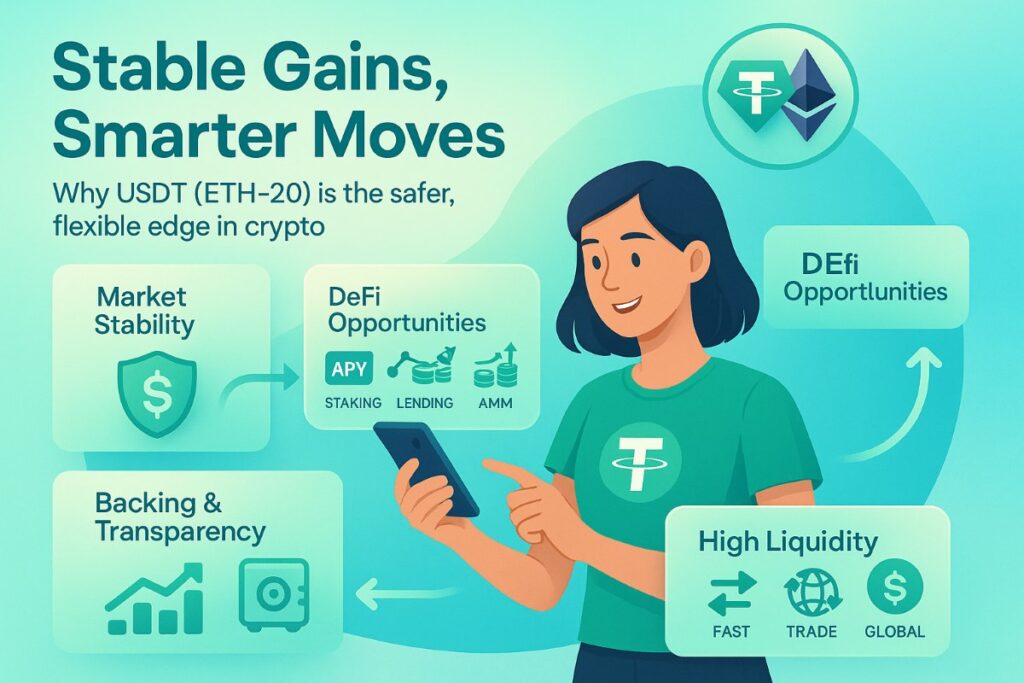 Infographic showing Ethereum-based USDT (ETH-20) advantages, including stability, DeFi opportunities, liquidity, and transparency.