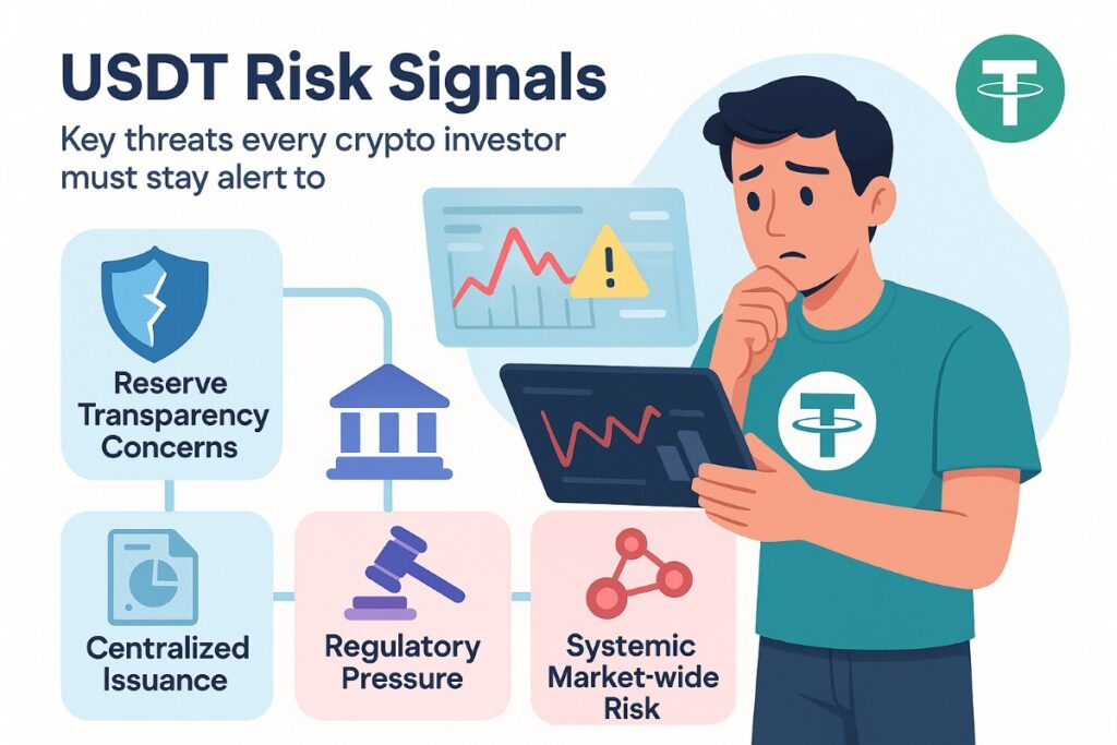 Infographic illustrating USDT risk signals with an active user analyzing crypto risks, featuring Ethereum-themed visuals and bright UX-friendly colors.
