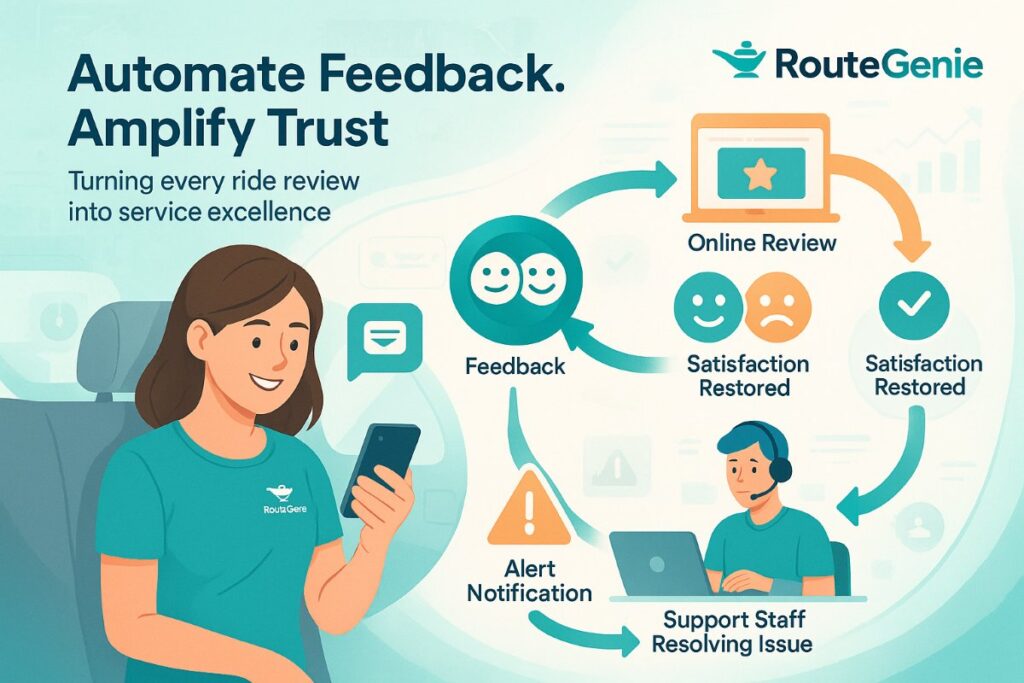 Infographic showing automated feedback loop in medical transportation with RouteGenie software collecting passenger reviews and improving service quality.