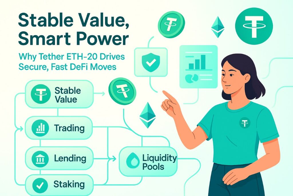 Infographic explaining Ethereum-based Tether ETH-20 with workflow icons, active user, and DeFi elements on the Ethereum blockchain.
