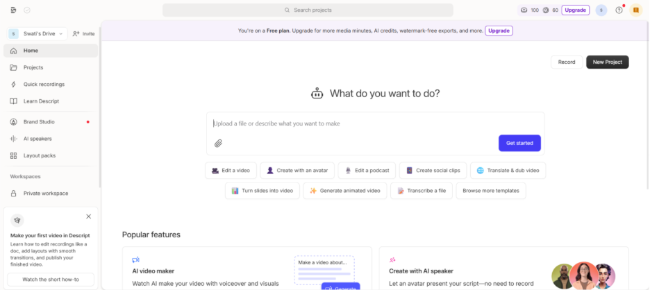 Homepage of Descript AI