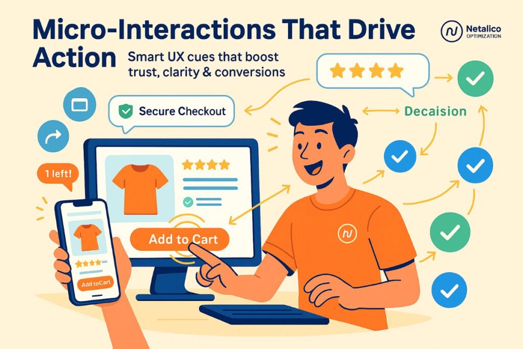 Infographic illustrating WooCommerce to Shopify Plus migration with UX micro-interactions, trust signals, and user engagement elements.