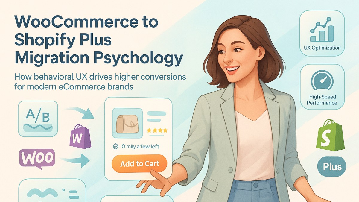 Ultra-realistic featured image showing an active shopper engaging with Shopify Plus product cards, illustrating UX psychology and WooCommerce to Shopify Plus migration concepts.