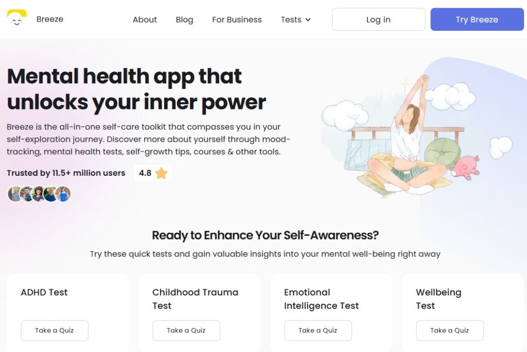 ADHD apps interface showing Breeze mental health app with ADHD test, wellbeing tools, and self-awareness features