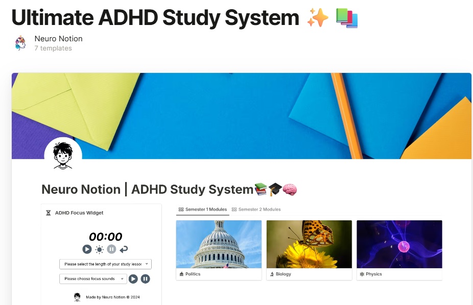 ADHD apps example showing Notion-based Ultimate ADHD Study System with focus timer, study modules, and organized dashboards