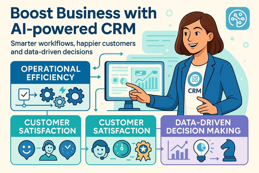 Infographic showing benefits of AI-powered CRM including operational efficiency, customer satisfaction, and data-driven decision making
