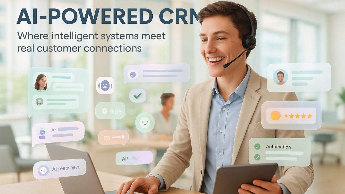 AI-powered CRM dashboard showing intelligent customer engagement and automation with a confident professional actively using it