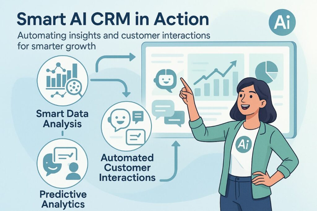 Infographic showing AI-powered CRM workflow with smart data analysis, automated customer interactions, and predictive analytics
