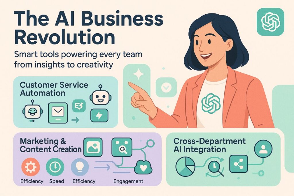 Infographic showing AI-powered CRM tool ecosystem with customer service automation, marketing content creation, and cross-department integration
