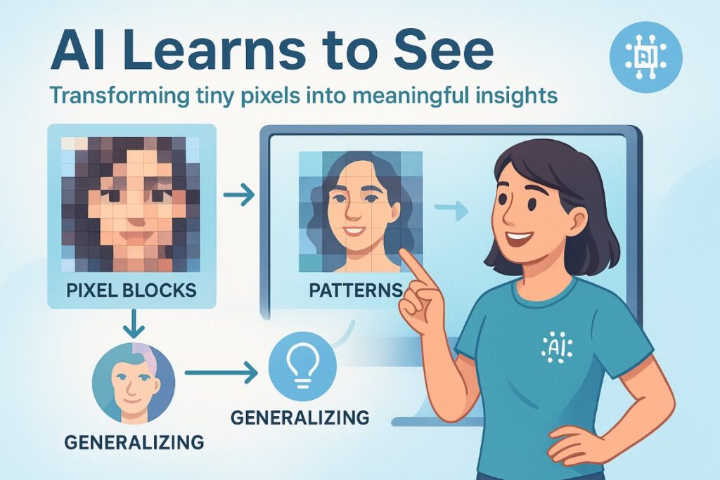 Infographic showing how AI-powered media processing learns visual patterns from pixel analysis to advanced image enhancement
