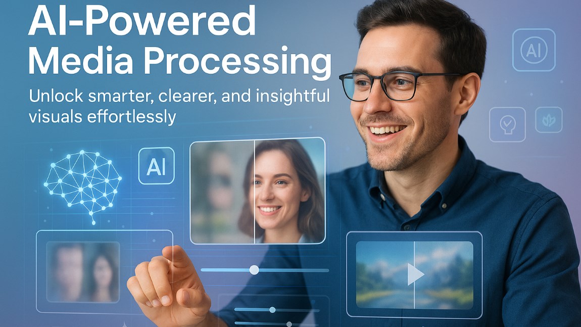 AI-powered media processing enhancing visual clarity and transforming images with advanced neural networks