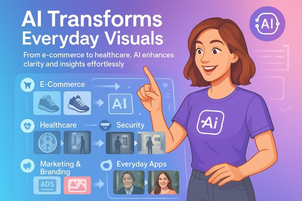 Infographic showing real-world applications of AI-powered media processing in e-commerce, healthcare, security, entertainment, marketing, and everyday apps