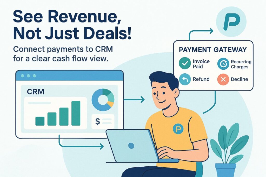 Realistic infographic showing B2B payment gateway software integration with CRM, highlighting invoices, payments, refunds, and cash flow clarity.