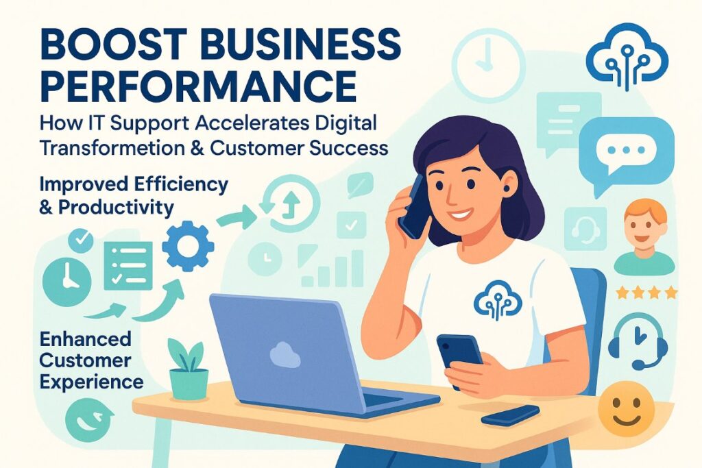 Infographic showing the benefits of digital transformation with IT support improving productivity, efficiency, and customer experience
