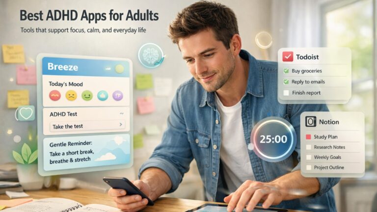 Best Apps for ADHD helping an adult manage focus, planning, and mental wellbeing using digital tools