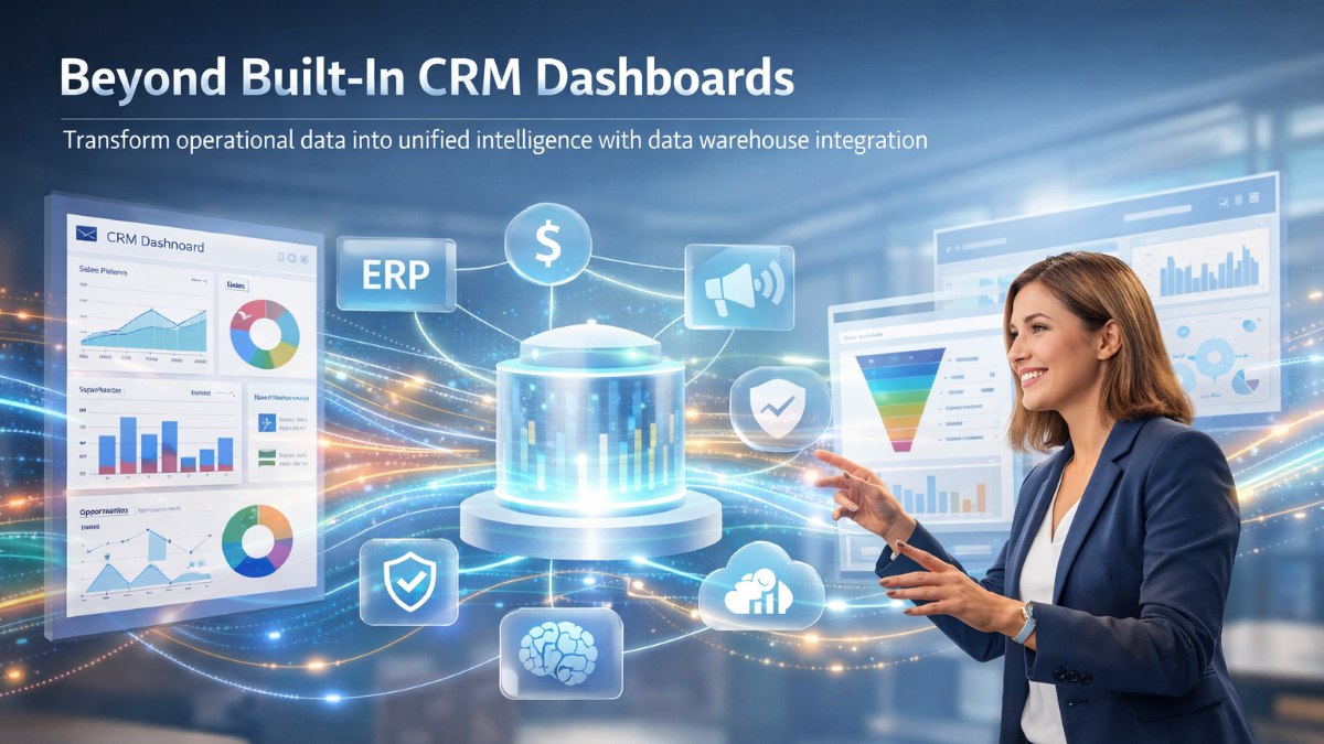 Data warehouse integration connecting CRM, ERP, and analytics for enterprise insights