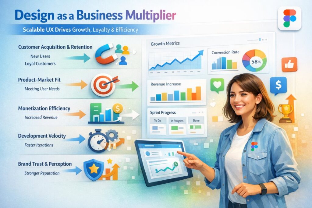 Infographic showing how digital product design acts as a business multiplier, enhancing UX, growth, and customer loyalty