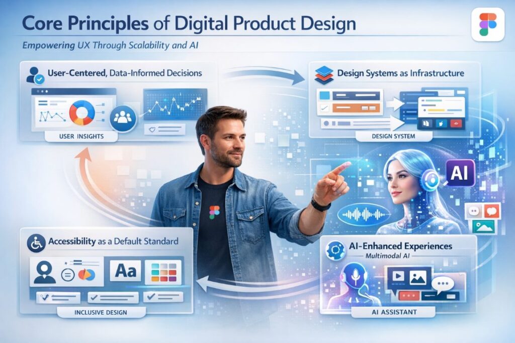 Infographic showing core principles of digital product design with a male UX designer actively interacting with AI-driven interfaces