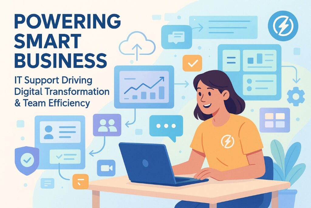 Infographic showing the role of IT support in digital transformation with cloud computing, automation, and team collaboration tools
