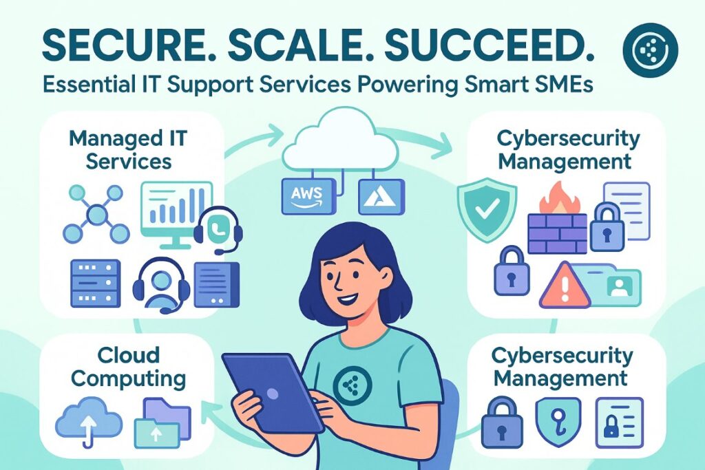 Infographic illustrating digital transformation with IT support services including managed IT, cloud computing, and cybersecurity for SMEs
