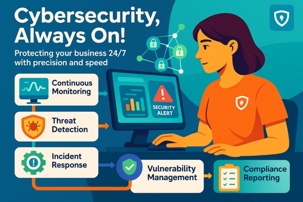 Infographic showing core services of Managed Security Service Providers including continuous monitoring, threat detection, incident response, vulnerability management, and compliance management