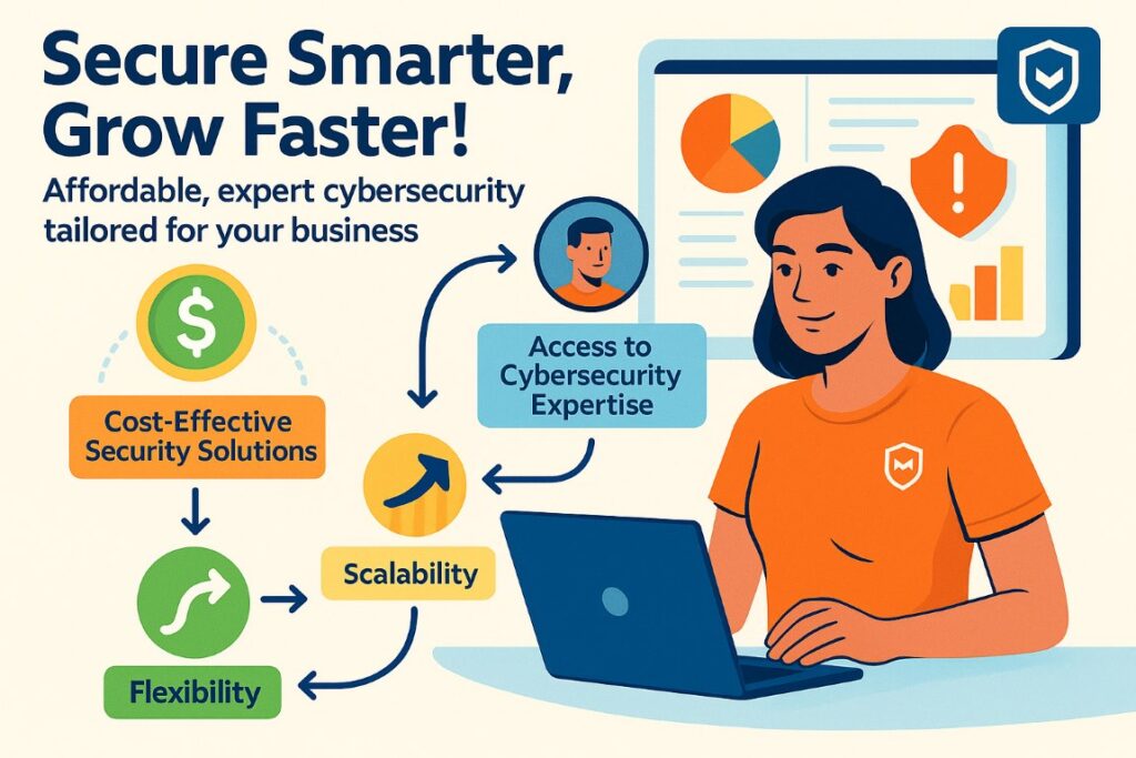 Infographic showing benefits of partnering with managed security service providers including cost-effective solutions, expert access, scalability, and flexibility