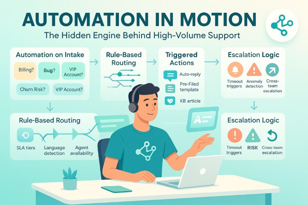 Infographic showing automation layers in a modern CRM system for high-volume customer support

