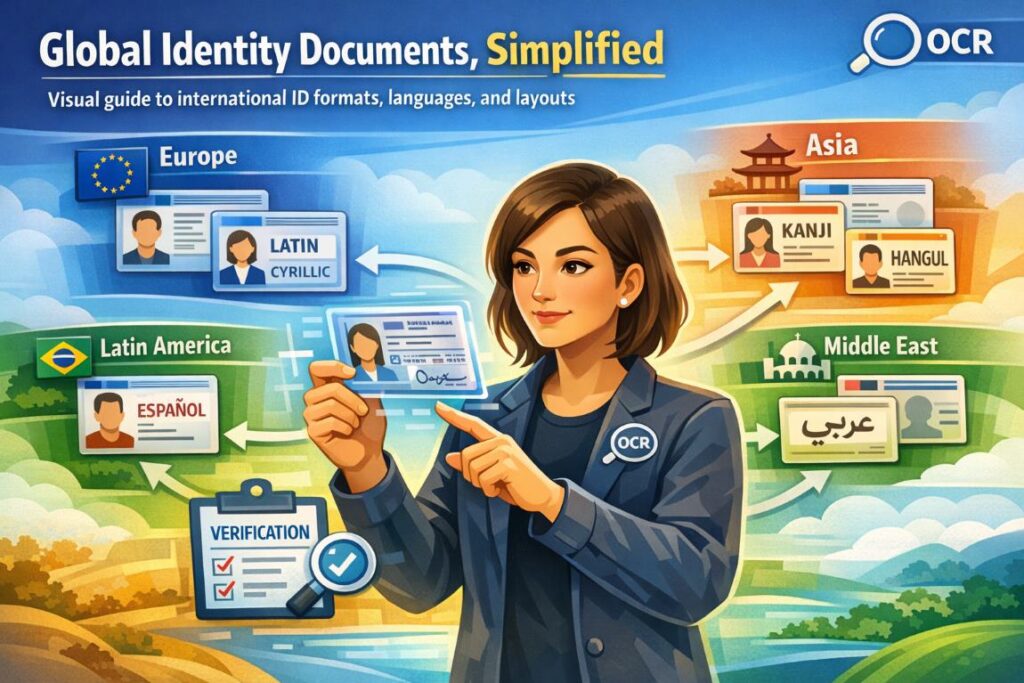Infographic showing OCR systems analyzing and verifying identity documents from different countries with various formats and scripts
