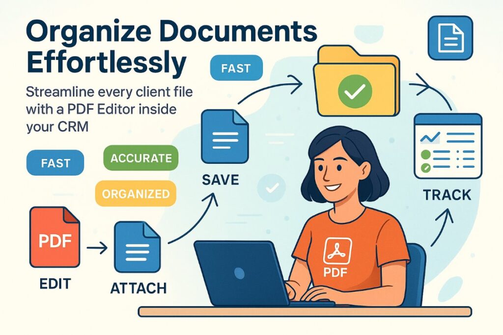 Professional actively managing client documents in a CRM using a PDF Editor workflow with icons and badges