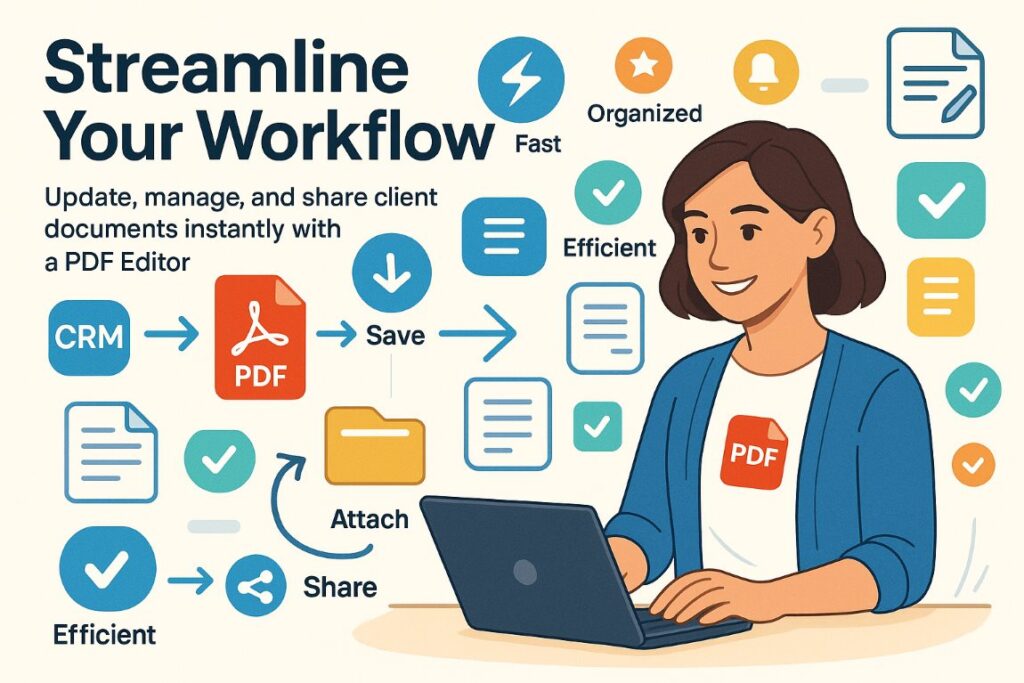 Active professional managing client documents in a CRM using a PDF Editor workflow with icons and badges