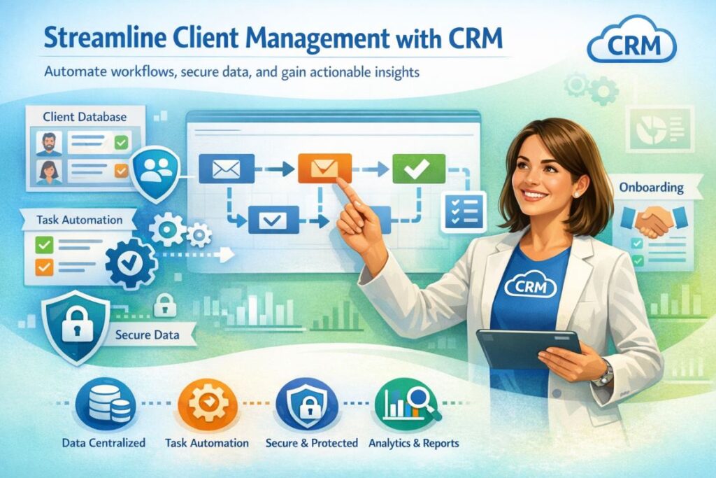 Infographic showing how a professional services firm uses CRM to streamline client management, automate workflows, and gain actionable insights.
