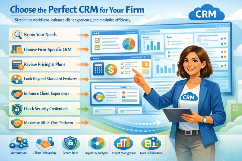 Infographic showing how a professional services firm chooses the right CRM, including workflows, client management, and automation features.
