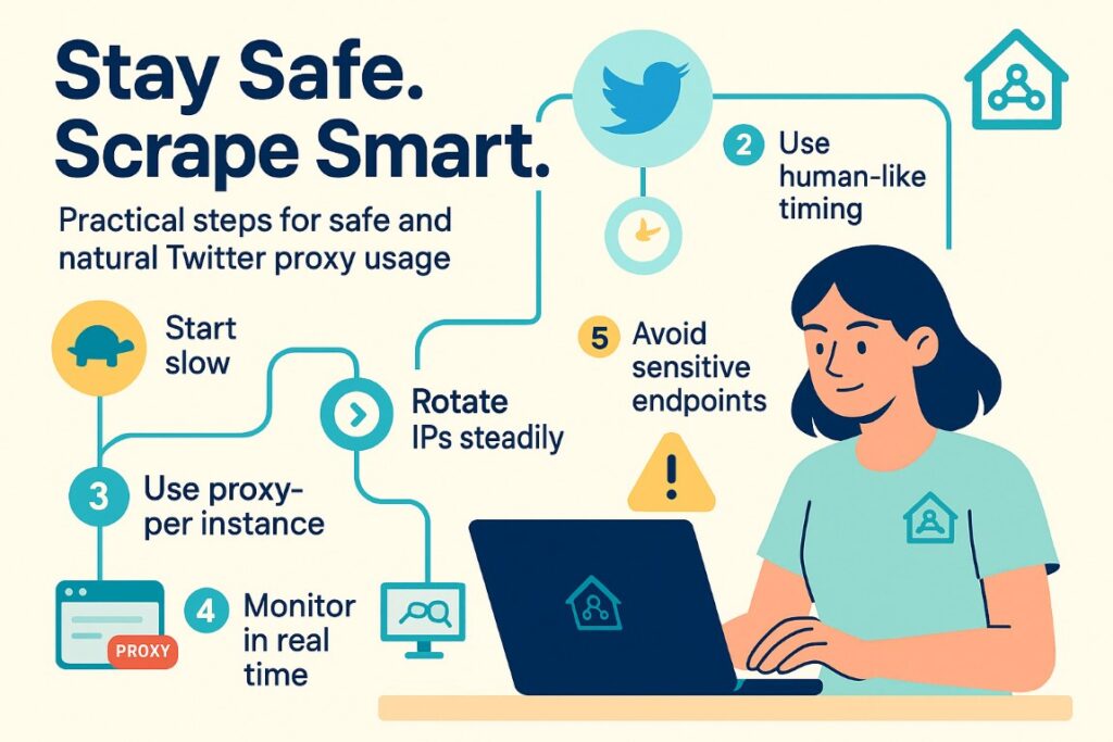 Infographic showing safe ways to use residential proxies for Twitter, including natural request timing, IP rotation, error monitoring, and an active user managing scraping tasks.